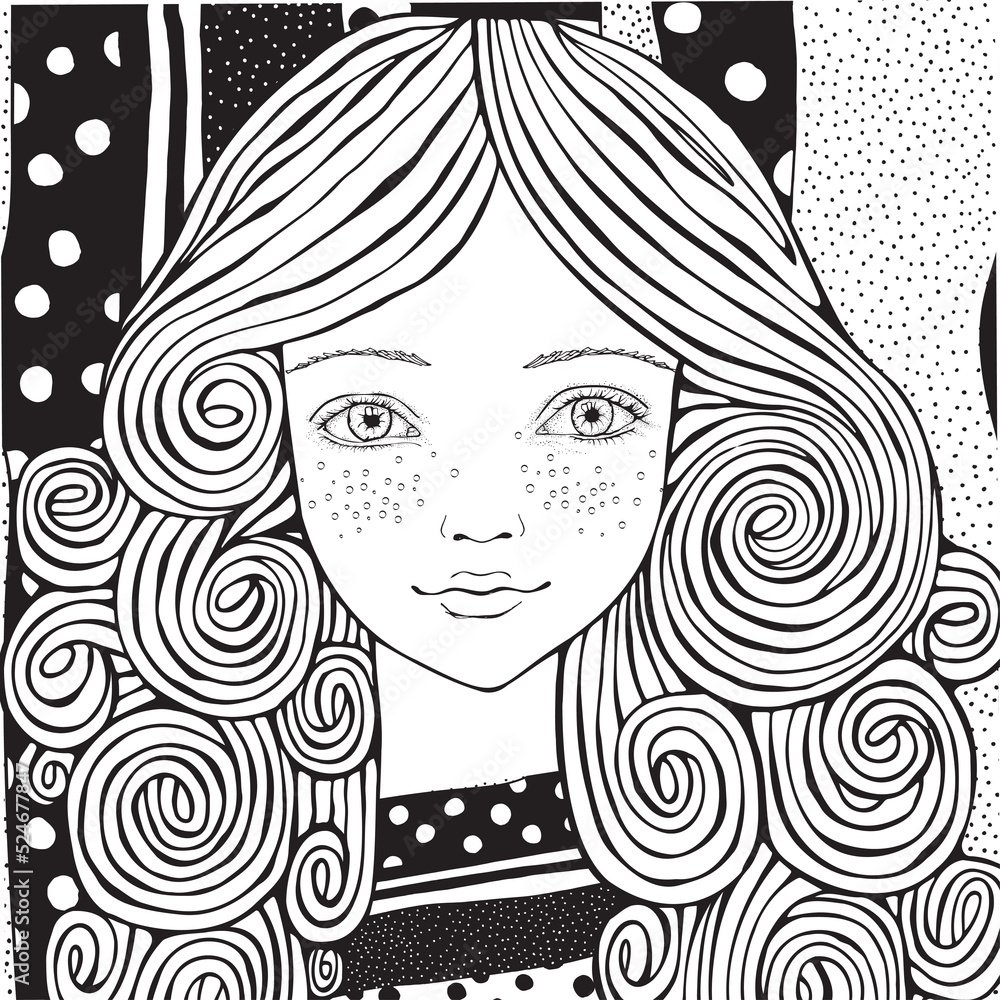 Young beautiful girl. Black and white doodle coloring book page for adult and children. Young beautiful girl. Black and white doodle coloring book page for adult and children.
