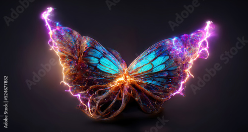Abstract butterflies with electric lines. Shiny abstract butterfly. Hi tech. AI.