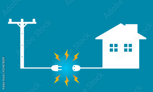 White voltage power electric pole to transmit electricity to house or home power failure outage plug and socket unplug on blue background icon flat vector design. photo