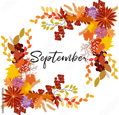 Aututmn. September time. Decorative card with autumn mood