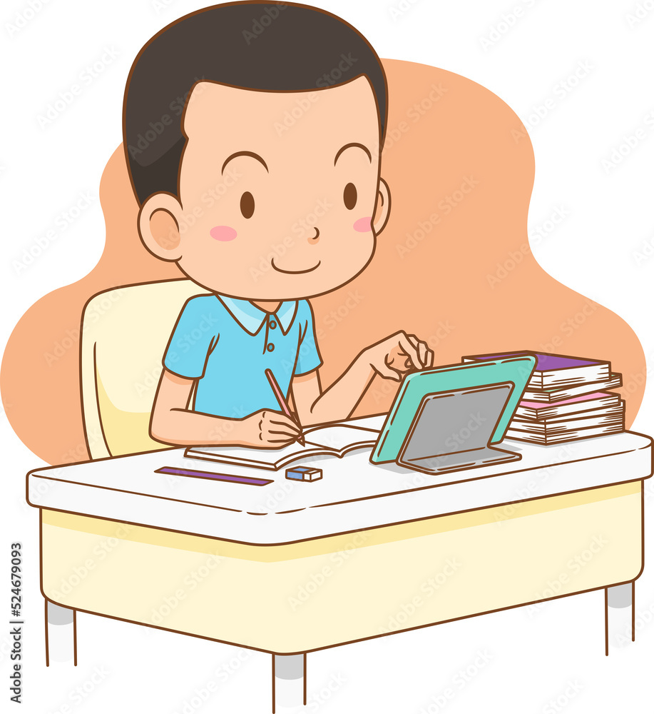 Cartoon illustration of boy studying online from home. Cartoon illustration of boy studying online from home.