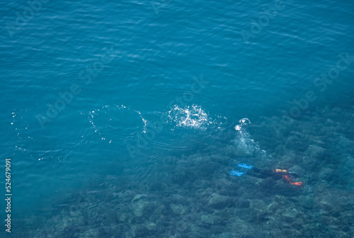 Sub in immersione con pinne e maschera, in apnea per vedere i fondali del mare photo