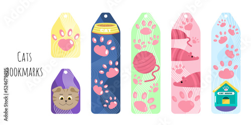 Set of 6 bookmarks and stickers with cute cats stuff and toys. Illustration with color waves. Kid's bookmarks for reading. Bright and positive colors.Isolated on white background.