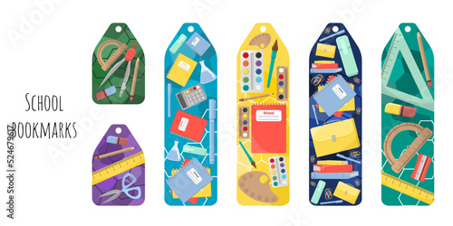 Set of 6 bookmarks with cute school supplies and geometric elements. Illustration with color waves. Kid's bookmarks for reading. Bright and positive colors.Isolated on white background.