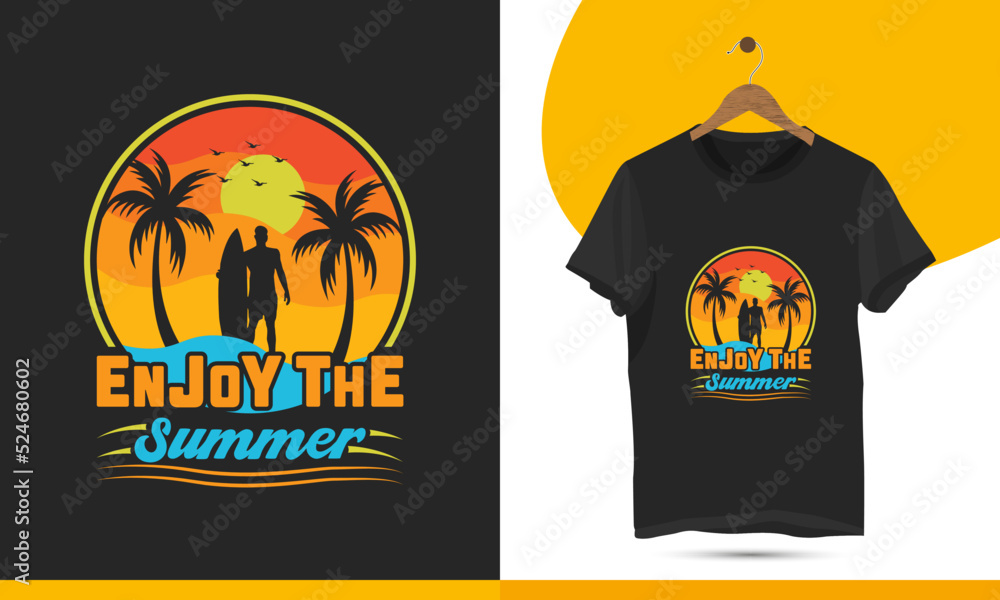 Summer t-shirt design vector illustration of a enjoy beach party with palm trees and retro color typography vacation vintage colorful shirt template.