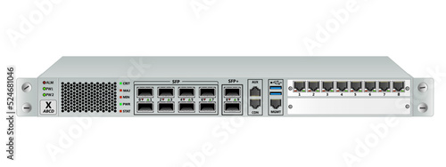 10G router for mounting in a 19" rack with SFP to SFP+ modules, a panel for control connectors, an additional panel with 8 RG-45 connectors and an additional redundant panel. 