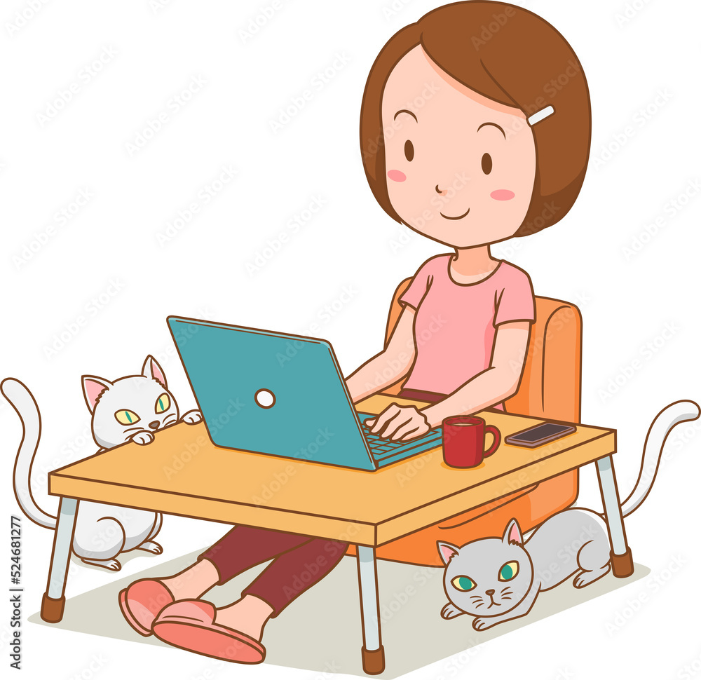 Cartoon character of freelancer girl working at home with laptop. Cartoon character of freelancer girl working at home with laptop.