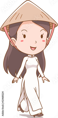 Cartoon Vietnamese girl in traditional costume. photo