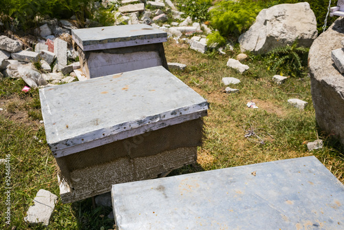 multiple boxes of beehives kept in the apiary for honey and wax farming in Himachal Pradesh, india. one beeworker harvesting honey and wax from honeycomb plate in distance. photo