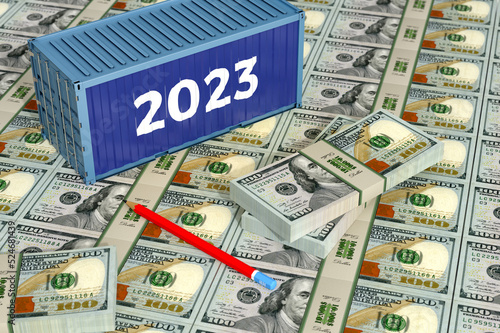 Toy shipping Container on 100 Dollar banknotes. Tranportation cost in 2023. 3D Rendering photo