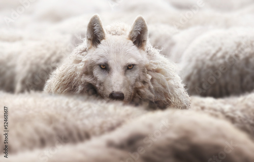 Canvas Print Wolf in a flock of sheep with wool clothing