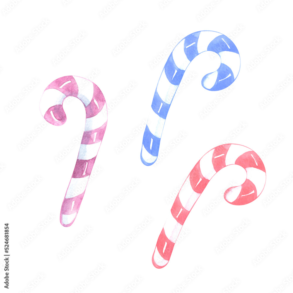 A set of sweet festive candy sticks painted in watercolor and isolated on a white background. A set of sweet festive candy sticks painted in watercolor and isolated on a white background.