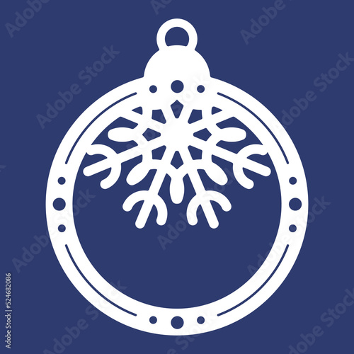 Christmas ball with snowflake, template of laser cutting. Silhouette of openwork spheres with lace ornament. Xmas tree decoration for paper cut out. Vector illustration on blue background.