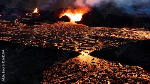 volcanic eruption, lava overflowing. Iceland, Fagradalsfjall volcano