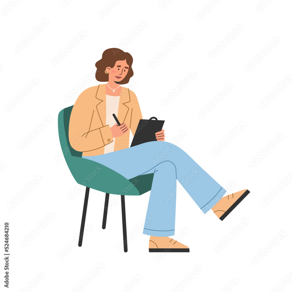 Psychologist female character sits on a chair and writes. Psychologist female character sits on a chair and writes.