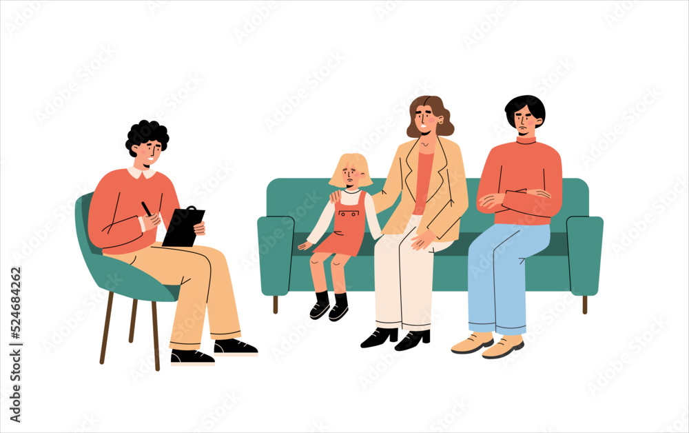 Family psychologist talks to a married couple with a child