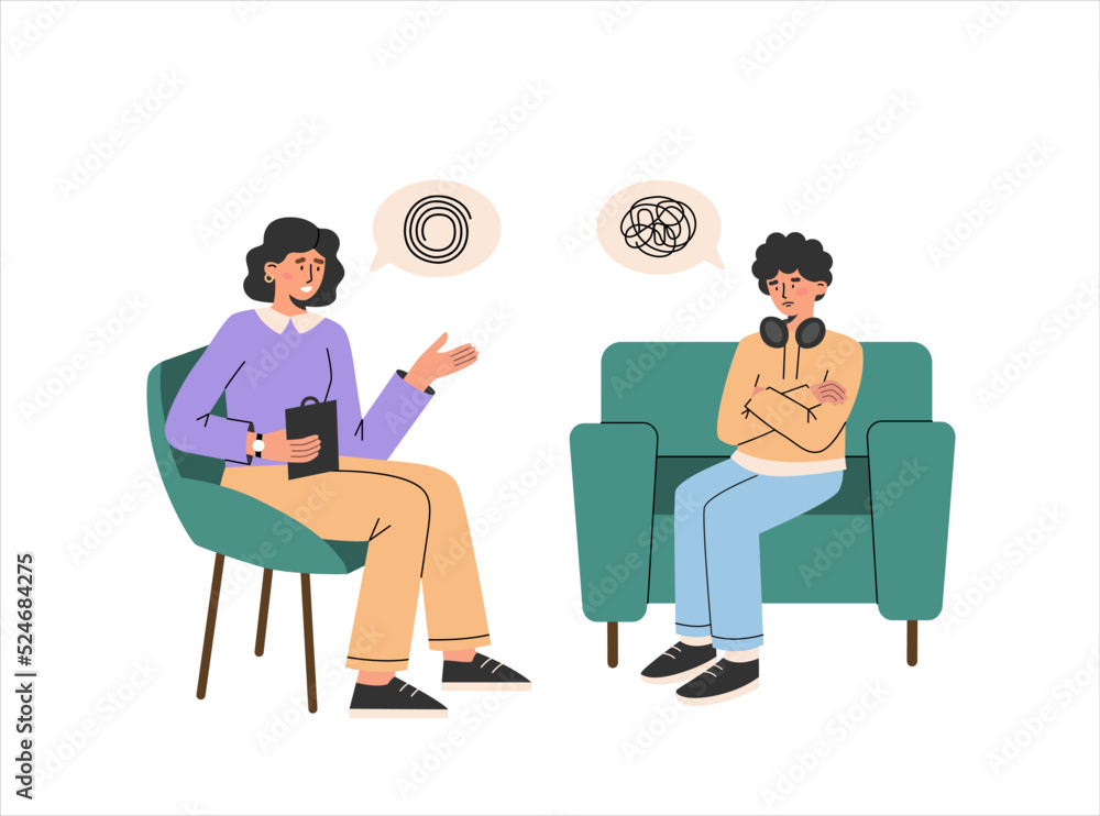 Male teenager patient talks with female psychologist Male teenager patient talks with female psychologist