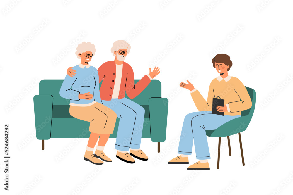 Family psychologist talks with an elderly couple