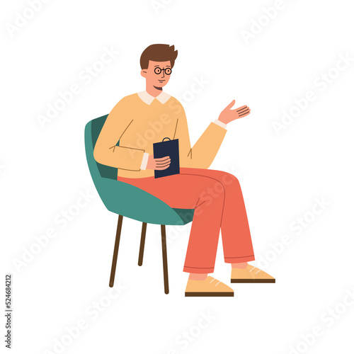 Psychologist male character sits on a chair and says. 