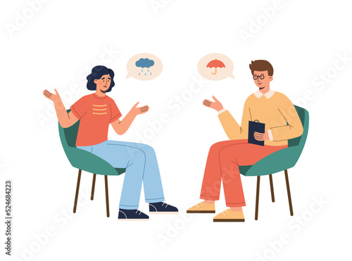 Female patient talks with male psychologist. 