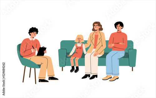 Family psychologist talks to a married couple with a child