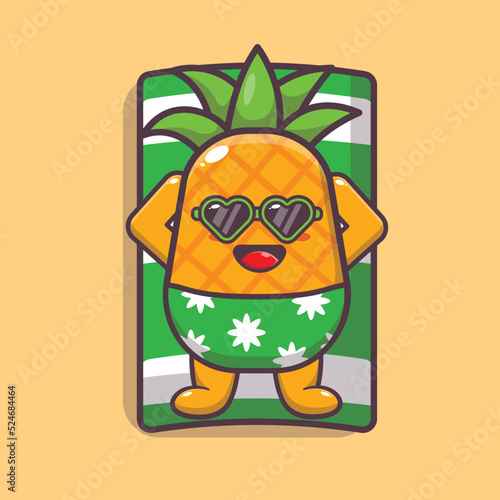 Cute pineapple cartoon mascot character in sunglasses sleeping on beach