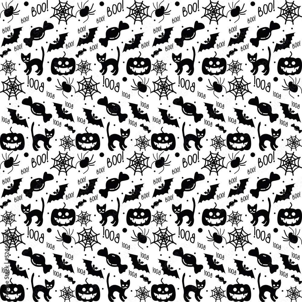 Seamless vector pattern, magic hand drawn doodle. Magic haunted house, pumpkin, cat, bat, cobweb. Mystical holiday pattern.