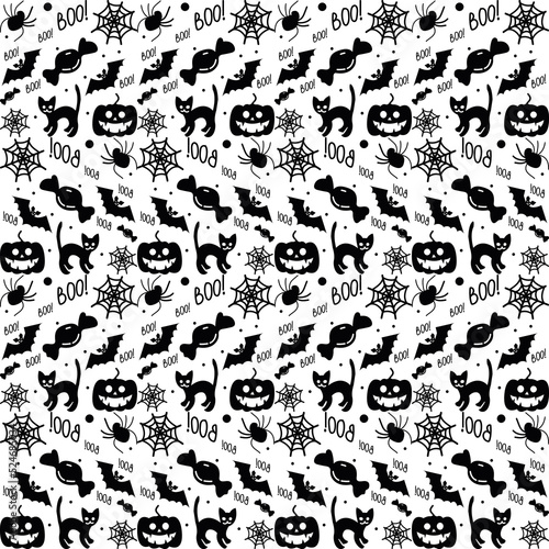 Seamless vector pattern  magic hand drawn doodle. Magic haunted house  pumpkin  cat  bat  cobweb. Mystical holiday pattern.