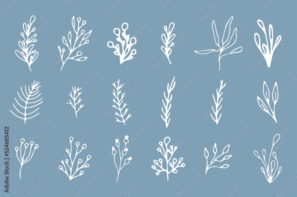 Beautiful set of white botanical elements Christmas tree, berries for winter design. Collection of Christmas New Year elements. Frozen silhouettes of crystal twigs on a blue background Beautiful set of white botanical elements Christmas tree, berries for winter design. Collection of Christmas New Year elements. Frozen silhouettes of crystal twigs on a blue background