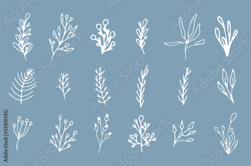 Beautiful set of white botanical elements Christmas tree, berries for winter design. Collection of Christmas New Year elements. Frozen silhouettes of crystal twigs on a blue background