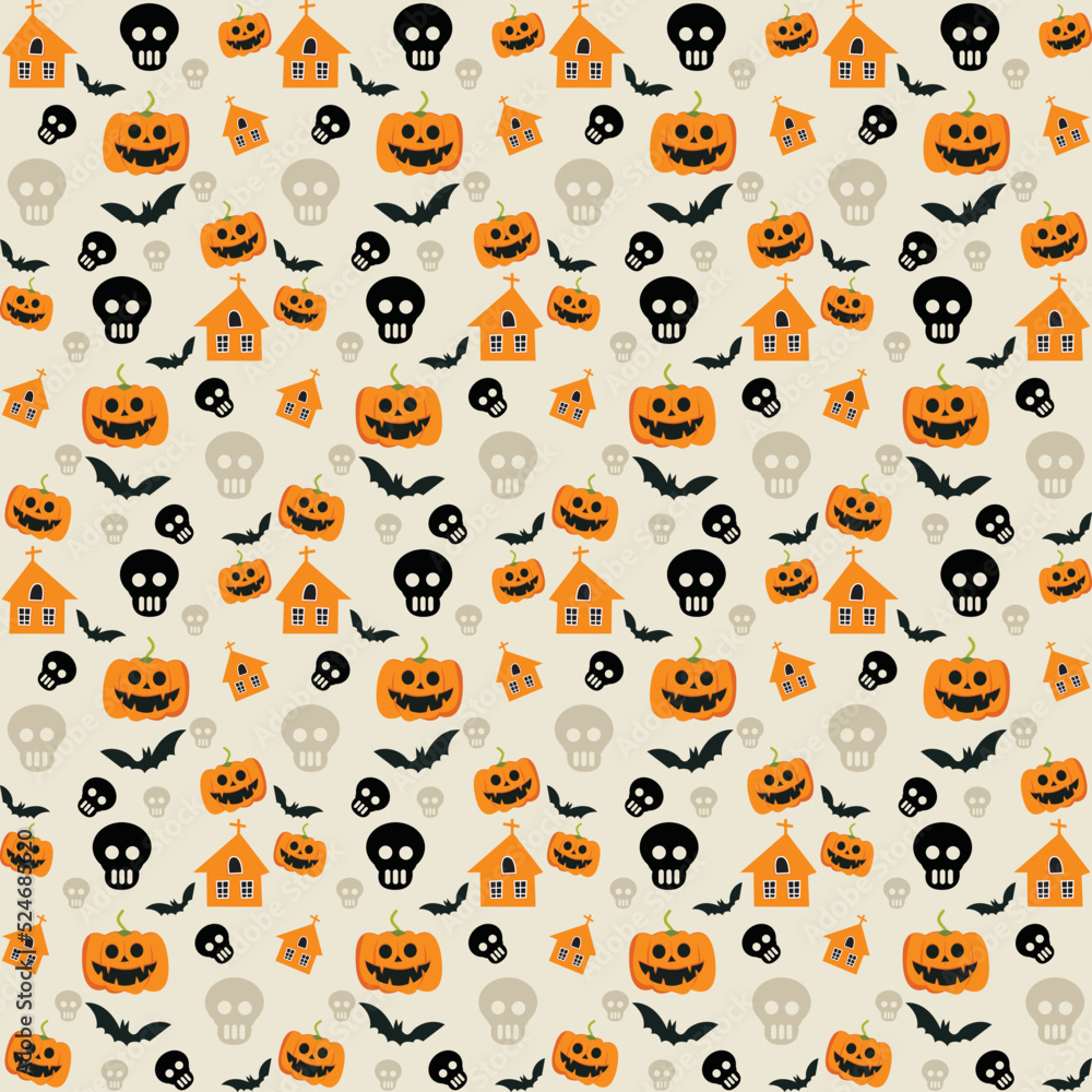 Seamless vector pattern, magic hand drawn doodle. Magic haunted house, pumpkin, cat, bat, cobweb. Mystical holiday pattern.