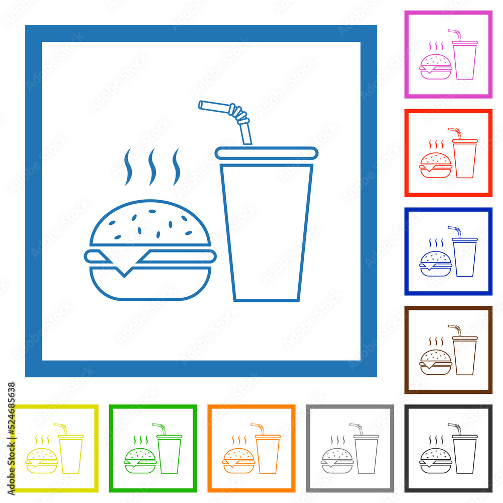 Fast food menu with cheeseburger and drink outline flat framed icons Fast food menu with cheeseburger and drink outline flat framed icons