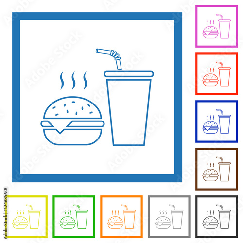 Fast food menu with cheeseburger and drink outline flat framed icons