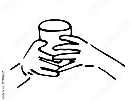 Simple black outline vector drawing. Hands holding a glass. Ink sketch. Food and drinks.