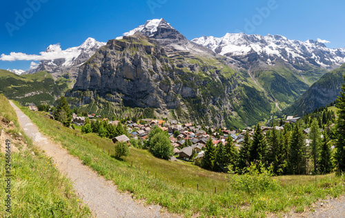 The panorama of Mürren and Hineres Lauterbrunnental valley with the peaks Eiger, Monch, Jungfrau, Gletscherhorn, Ebenfluh, Mittaghorn and Grosshorn.