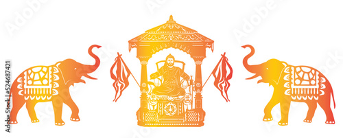 Illustration of Chhatrapati Shivaji Maharaj sitting on the throne with elephants on either sides.