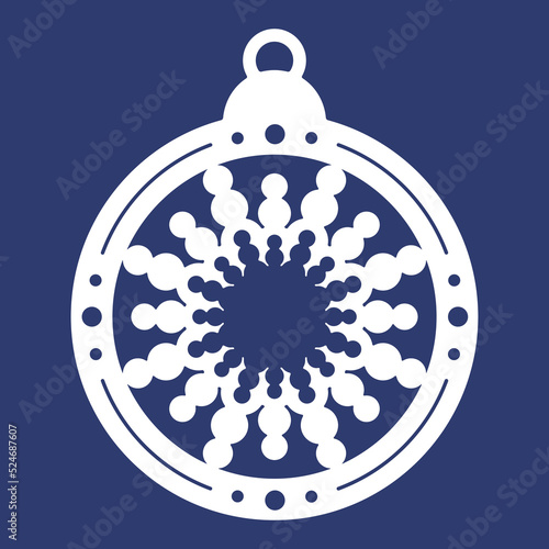 Christmas ball with snowflake, template of laser cutting. Silhouette of openwork spheres with lace ornament. Xmas tree decoration for paper cut out. Vector illustration on blue background.