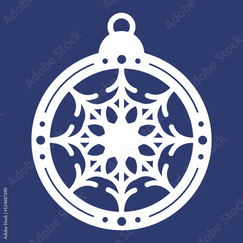 Christmas ball with snowflake, template of laser cutting. Silhouette of openwork spheres with lace ornament. Xmas tree decoration for paper cut out. Vector illustration on blue background.