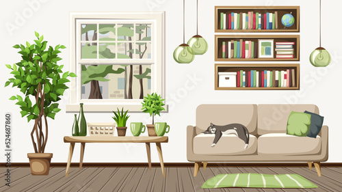 Living room interior with a sofa, bookshelves, green hanging lamps, and a big ficus tree. Vector illustration
