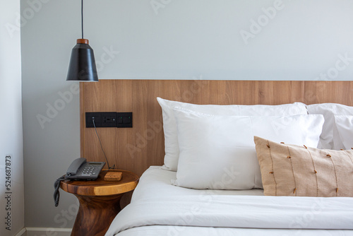 A bedroom with bed and pillow and other furnitures