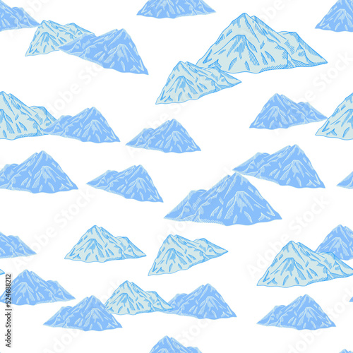 Mountain peak engraved seamless pattern. Vintage rock landscape in hand drawn style.