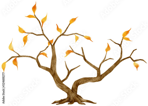 Autumn Tree with Yellow leaves watercolor illustration for Decorative Element