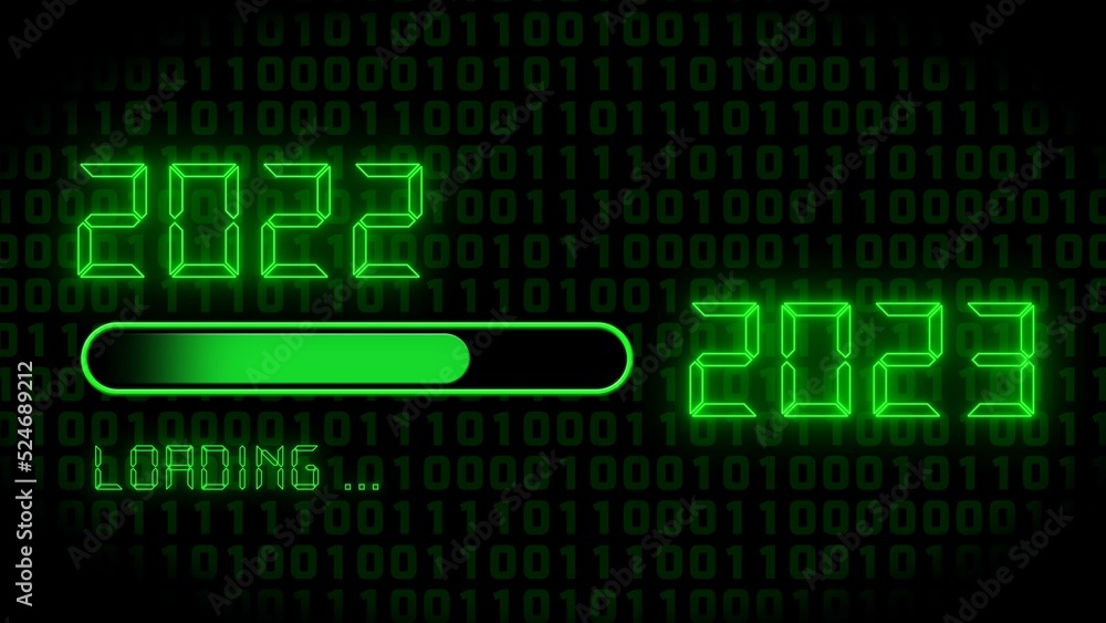 Year change 2023 - progress bar showing loading of the New Year in front of digital background - graphic elements and year digits in green color- 3D Illustration