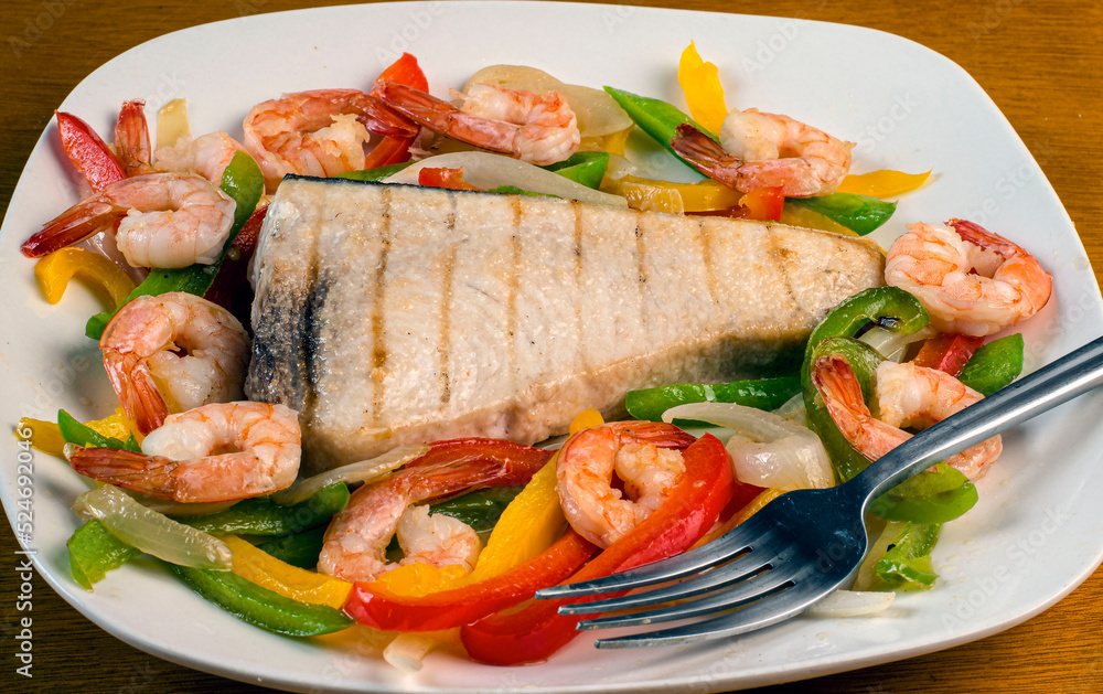 sword fish with sauteed onions pepperand shrimp sword fish with sauteed onions pepperand shrimp