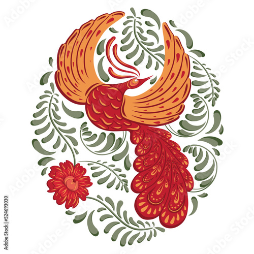 Vector floral illustration in Petrykivka style. Folk design art illustration for poster, print, textile, ceramic. Decorative composition. Ukrainian folk. Firebird, flowers, leaves, tendrils, berries