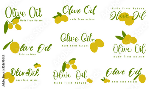 Olive oil signs, labels, packaging for olive oil product.