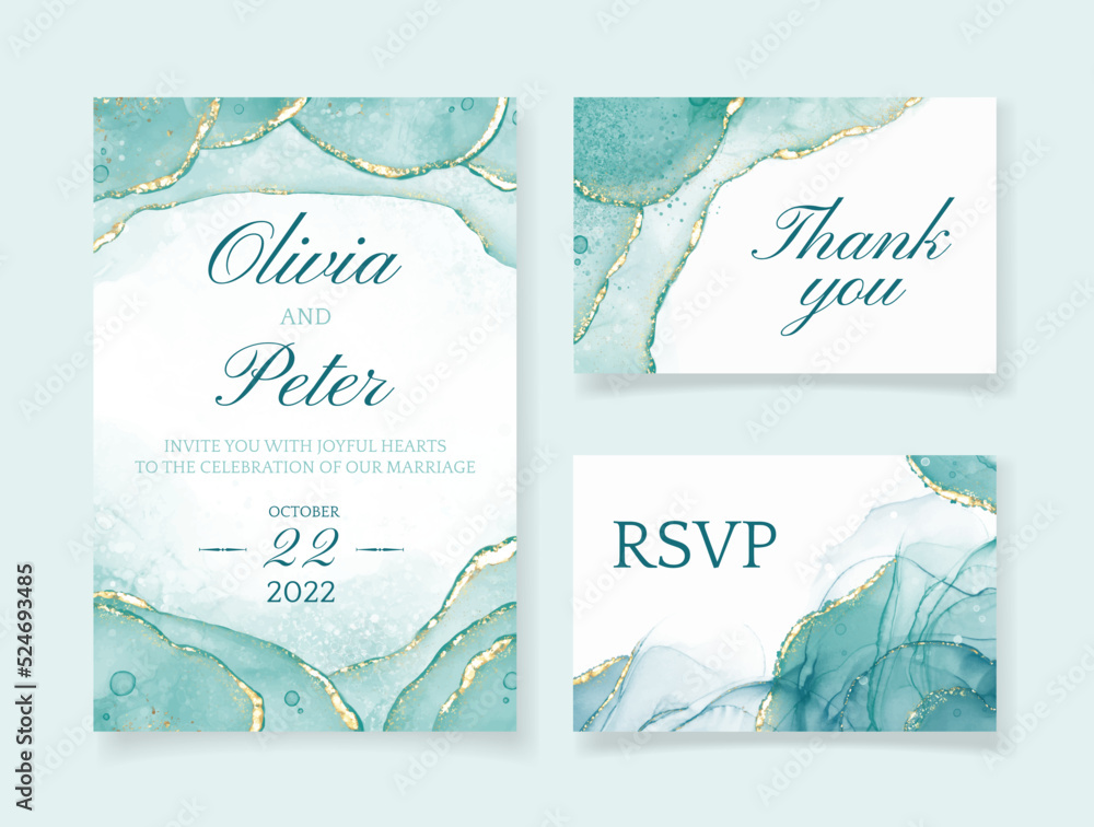 Vector wedding invitation set with liguid fluis background. Gold foil marble decoration luxury design.