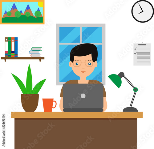 Designer at work at a desk with a laptop.Vector illustration in flat style.