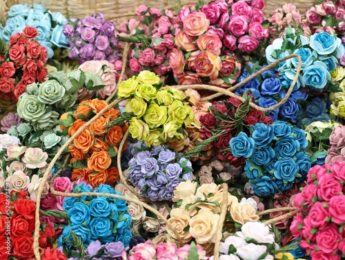 Colorful boquets of paper roses. Background and texture. photo