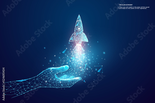 Startup business concept, Businessman holding icon transparent rocket is launching and soar flying out from screen with network connection